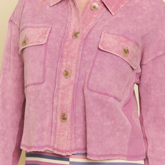 MYSTREE Mauve Cropped Shacket Button Front Waffle Texture Overshirt - Picture 6 of 6